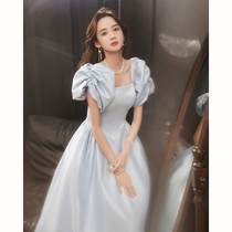 Art candidates evening dress womens concert dress long style square collar fairy air satin celebrity temperament Noble host