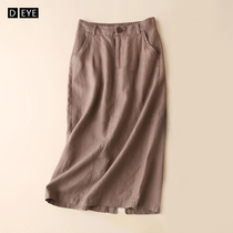 Linen halfbody dress Women 2022 Summer kneecap hip-in-a-character dress with long style belt cotton linen open fork skirt