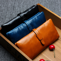 Multifunction Oil Waxed Head Layer Cow Leather Long Wallet Woman Retro Multi-Position Wallet Soft Leather Leather Wallet Snap hand grab bag