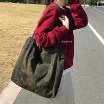 New net red camouflage shoulder canvas bag large capacity wild student bag tote bag washed old shopping bag