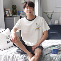 Summer mens Korean pajamas youth summer cotton simple fashion short-sleeved shorts home clothing set can be worn outside