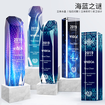 Crystal glass trophy medal customization Excellent employee trophy customization Enterprise award blue trophy production lettering