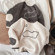 Crooked girl Korean childrens clothing childrens fleece cute kitten sweaters winter personality foreign style patch long sleeve pullover