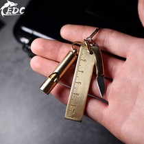 Brass Three-in-one Multi-function set tool EDC pendant Mini Knife Pure copper ruler Survival whistle promotion