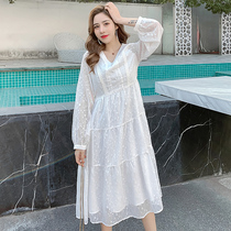 Pregnant women early autumn fashion long sleeve pullover vneck dress 2021 New Korean version large size loose jacquard dress