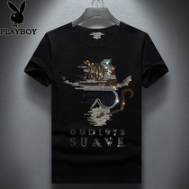 Playboy Europe and America hot diamond short sleeve T-shirt Mens Ice Silk round neck size black T-shirt base shirt Tide brand mens clothing