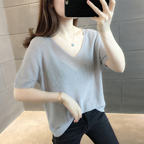 Ice Silk Knit T-Shirt Woman Summer Thin Bill V Collar Blouse 2022 New 100 Hitch Slim Short Sleeve Cool Sunscreen Shirt