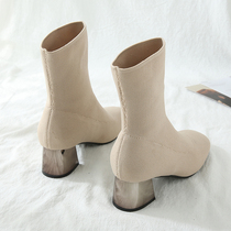 Medium-heeled boots womens 2020 new spring and autumn net red beige thick-heeled boots square socks boots knitted elastic thin boots