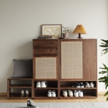 Nordic Black Walnuts Wood Rattan Woven Breathable Shoe Cabinet Combination All Solid Wood Home Door Hall Xuanguan Cabinet Contained Into The Door Partition
