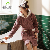 Winter medium long nightgown women thick coral velvet fashion cute pajamas ladies autumn and winter hat warm bathrobe