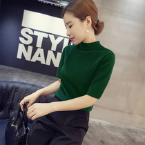 2021 spring dress new middle collar slim knitwear T-shirt women half high neck tight Middle sleeve base shirt sweater women