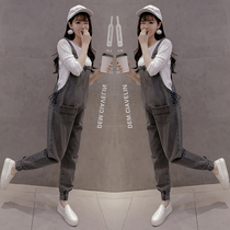 Pregnant womens bib pants Autumn new outside wear Korean version loose denim pregnant womens pants spring and autumn fashion jumpsuit suit