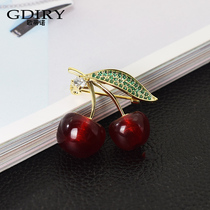 Green leaf red cherry brooch women high-end cute Japanese ins tide personality cardigan jacket clothes pin corsage