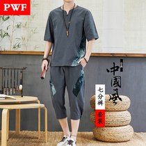 Summer Cotton Linen Short Sleeve T-shirt Suit Men Casual Retro China Wind Set Clothing Country Tide Seven Pants Two Sets