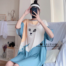 Japanese Gelato Cute Cat Ice Silk Printed Sleeping Skirt Woman Summer Cartoon Short Sleeve Shorts Pyjamas Can Be Worn Out