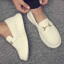 New white leather loafers mens Korean version of round head pedal lazy shoes spring new Doudou casual leather shoes men