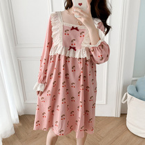 Spring Summer Long Sleeves Sweet Beauty Lace Pure Cotton Sleeping Skirt Cherry Print Loose Korean version Leisure can be worn outside the home Clothing Woman