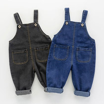 Baby soft denim backpack pants baby boy baby sling trousers foreign girl jumpsuit Spring Autumn Tide