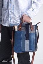 Wuwu life genuine first layer cowhide TreASURE series] Buyi blue dyed hand-woven Thorn patchwork bag