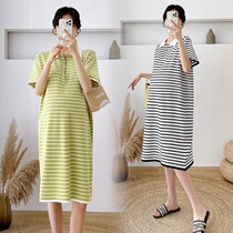 Pregnant Woman Lian Dress Summer Dress Chaulian Striped Short Sleeve Knit Mid Length Pregnancy Woman Dress Superior Pregnant Woman Skirt Summer