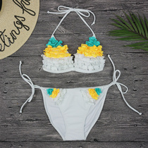 Personality handmade flower three-dimensional niche strap three-point full cup high fork sexy overseas vacation bikini swimsuit