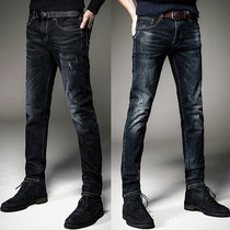 Summer mens jeans slim-fit small feet Korean version of the trend wild black high-end elastic straight thin long pants