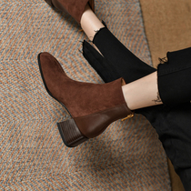 Crude and explosive short boots 2021 autumn and winter new leather plus velvet net red Chelsea elastic thin boots women