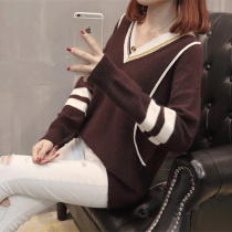 Plus size womens autumn lazy wind V-neck pullover sweater Fat sister loose age-reducing meat-covering knitted base shirt