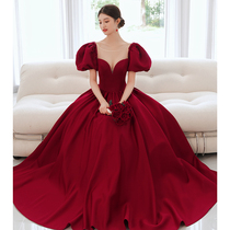 Style Bubble Sleeve Bridal Toast to womens fall 2022 new wine red engagement A shea dinner in a wine gown dress