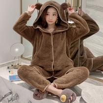 Coral Suede Pyjamas Woman Spring Autumn Winter Korean Version Long Sleeve Flannel Thickened cute student Lianhood Home Residence Suit Suit