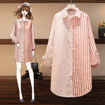 Big woman high-end large size womens clothing in the early autumn of 2020 The new fat mm thin foreign style belly cover medium-long striped shirt