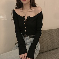 2021 early spring new foreign style word shoulder short long-sleeved t-shirt with pure cotton base shirt womens wild top womens