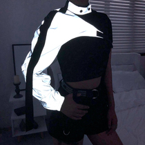 ROCKMORE design handsome tide with irregular single shoulder long sleeve reflective coat women cool ultra-short coat tide