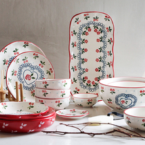 Blue Lotus home Japanese creative hand-painted dishes set household ceramic rice bowl soup bowl dish baking tray fish dish
