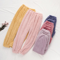 Fat mm pajama pants 200 catties womens autumn and winter coral fleece trousers thickened loose and warm beam feet flannel home pants