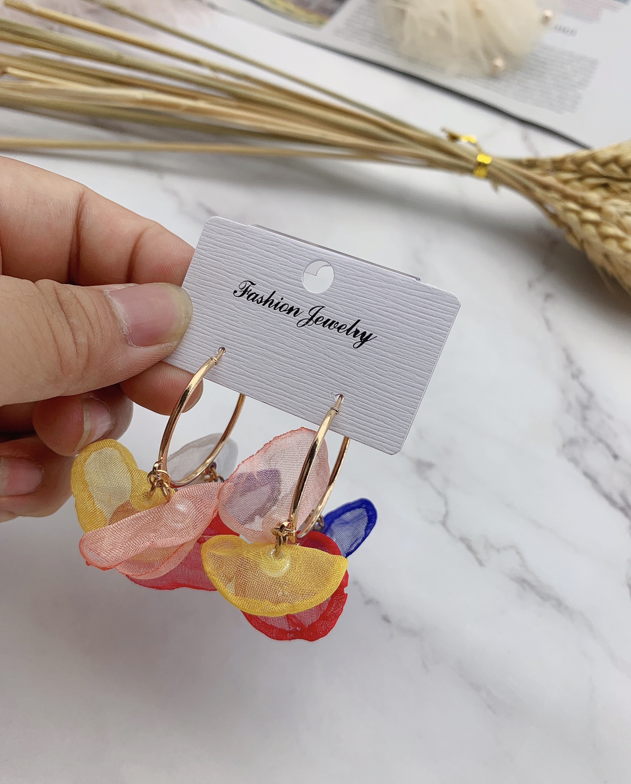 2021茹喻耳饰彩色珍珠布花日韩时尚流行耳环详情4