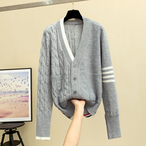 Cardigan coat womens knitted pocket shawl autumn long outside with loose Foreign color gray wool twist sweater
