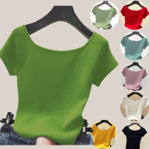 2022 new straight shoulder short sleeves T-shirt woman summer repair body ice silk knit undershirt pure color half sleeve open shoulder blouse