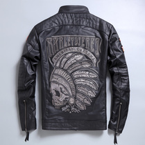 New leather leather clothing male headcoat in Europe and America Bull Leather Collar Motorcycle Suit Jacket Embroidered Locomotive Jacket Indie