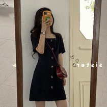 Suitable for hip thigh thick dress large size female summer fat mm belly waist waist slim dress square collar small black skirt