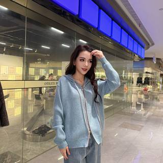 Lazy double zipper hooded versatile knitted cardigan for women