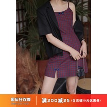 Ouyang Hi Plaid Bow Adjustable Suspend Skirt Contrast Color Waist Slimming Dress Vintage Plaid Medium-length dress