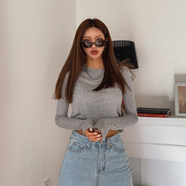 Liphop Korea 21 spring new minimalist with slightly overdraft round collar short long sleeve T-shirt