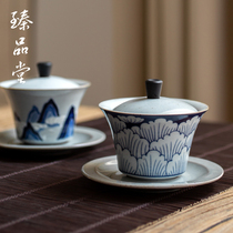 Retro blue and white ceramic cover Bowl Tea Bowl single tea set Tea Cup three-round bowl large tea bowl hand grab pot