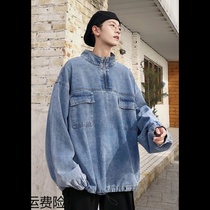 ins Hong Kong style Korean version of the tooling denim sweater spring Korean version of the mens trend loose bf Harajuku style pullover jacket