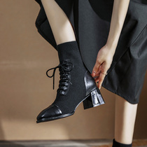 Leather Martin boots Womens autumn and winter 2021 New Joker thick heel stretch boots knitted beautiful skinny short boots