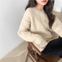 2021 autumn and winter womens white twist sweater cardigan womens outer wear lazy wind loose small fragrant knit jacket