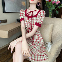 Sandro bassa red plaid square collar collar dress 2020 new summer retro temperament cashew slim dress