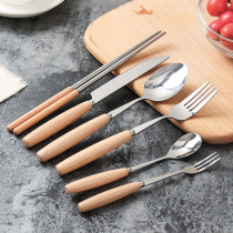 Stainless steel Western steak tableware Western knife and fork two sets of three-piece wood handles steak knife and fork spoon