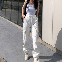  H home hip-hop big pocket American tooling casual pants female ins high waist leg long drawstring pants handsome boyfriend style pants